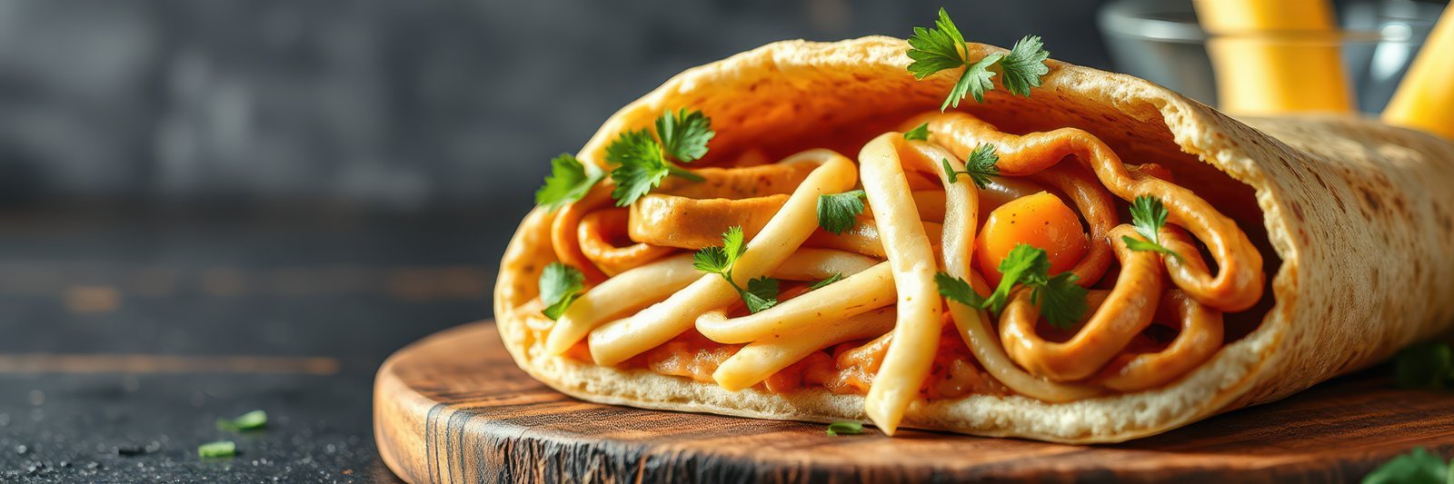 Delicious wrap filled with savory noodles, sauce, and fresh herbs on a wooden board in a dimly lit setting